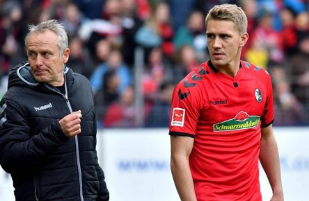 Freiburg-Trainer Christian Streich mit Stürmer Nils Petersen
