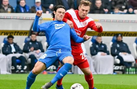 GER, 1 FBL, TSG 1899 Hoffenheim vs Fortuna Duesseldorf / 02.02.2019, Rhein-Neckar-Arena, Sinsheim, GER, 1 FBL, TSG 1899 Hoffenheim vs Fortuna Duesseldorf, DFL REGULATIONS PROHIBIT ANY USE OF PHOTOGRAPHS AS IMAGE SEQUENCES AND/OR QUASI-VIDEO. im Bild: Nico Schulz (TSG 1899 Hoffenheim 16), Rouwen Hennings (Fortuna Duesseldorf 28) *** GER 1 FBL TSG 1899 Hoffenheim vs. Fortuna Duesseldorf 02 02 2019 Rhein Neckar Arena Sinsheim GER 1 FBL TSG 1899 Hoffenheim vs. Fortuna Duesseldorf DFL REGULATIONS PROHIBIT ANY USE OF PHOTOGRAPHS AS IMAGE SEQUENCES AND OR QUASI VIDEO Nico Schulz TSG 1899 Hoffenheim 16 Rouwen Hennings Fortuna Duesseldorf 28 nordphotox/xFabisch nordphoto00100