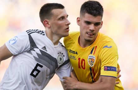 Maximilian Eggestein of Germany tussles with Ianis Hagi of Romania during the UEFA Under-21 Championship match at Renato Dall Ara, Bologna. Picture date: 27th June 2019. Picture credit should read: Jonathan Moscrop/Sportimage PUBLICATIONxNOTxINxUK SPI-0107-0029