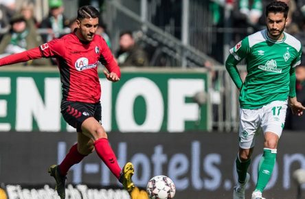 GER, 1.FBL, Werder Bremen vs SC Freiburg / 13.04.2019, Weserstadion, Bremen, GER, 1.FBL, Werder Bremen vs SC Freiburg DFL REGULATIONS PROHIBIT ANY USE OF PHOTOGRAPHS AS IMAGE SEQUENCES AND/OR QUASI-VIDEO. im Bild / picture shows Vincenzo Grifo (SC Freiburg 32), Nuri Sahin (Werder Bremen 17), *** GER 1 FBL Werder Bremen vs SC Freiburg 13 04 2019 Weserstadion Bremen GER 1 FBL Werder Bremen vs SC Freiburg DFL REGULATIONS PROHIBIT ANY USE OF PHOTOGRAPHS AS IMAGE SEQUENCES AND OR QUASI VIDEO picture shows Vincenzo Grifo SC Freiburg 32 Nuri Sahin Werder Bremen 17 nordphotox/xEwert nph00301
