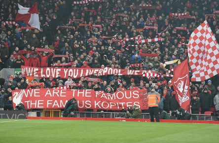 LIVERPOOL, ENGLAND - MARCH 03:  (THE SUN OUT, THE SUN ON SUNDAY OUT) Banners in the Crowd of Liverpool during the Premier League match between Liverpool and Newcastle United at Anfield on March 3, 2018 in Liverpool, England.  (Photo by John Powell/Liverpool FC via Getty Images)