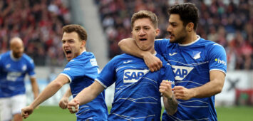 12.03.23 SC Freiburg - TSG 1899 Hoffenheim Deutschland, Freiburg, 12.03.2023, Fussball, Bundesliga, SC Freiburg - TSG 1899 Hoffenheim: v.l. Denis Geiger, Angelo Stiller, Ozan Kabak alle TSG 1899 Hoffenheim Tor 1:1 Stiller. *** 12 03 23 SC Freiburg TSG 1899 Hoffenheim Germany, Freiburg, 12 03 2023, football, Bundesliga, SC Freiburg TSG 1899 Hoffenheim v l Denis Geiger, Angelo Stiller, Ozan Kabak all TSG 1899 Hoffenheim goal 1 1 Stiller