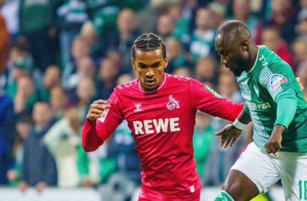 Damion Downs (1. FC Köln) im Duell mit Naby Keita (SV Werder Bremen)