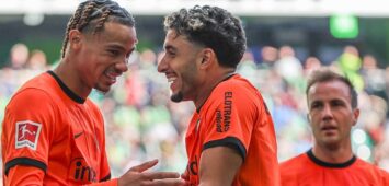 1. Bundesliga - VfL Wolfsburg - Eintracht Frankfurt am 14.09.2024 in der Volkswagen Arena in Wolfsburg Jubel, Torjubel, Torschuetze, Torschütze Omar Marmoush Frankfurt 7 jubelt nach seinem Tor zum 0 zu 1 mit Hugo Ekitike Frankfurt 11 *** 1 Bundesliga VfL Wolfsburg Eintracht Frankfurt on 14 09 2024 at the Volkswagen Arena in Wolfsburg Cheering, goal celebration, goal scorer, goal scorer Omar Marmoush Frankfurt 7 cheers after his goal for 0 to 1 with Hugo Ekitike Frankfurt 11 MH