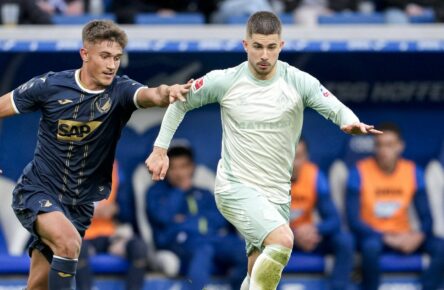 Tom Bischof von der TSG Hoffenheim und Romano Schmid vom SV Werder Bremen