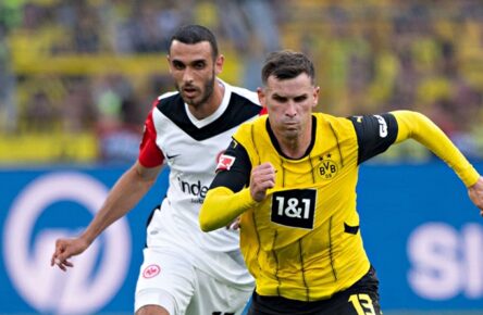 Ellyes Skhiri (Eintracht Frankfurt) im Duell mit Pascal Groß (Borussia Dortmund)