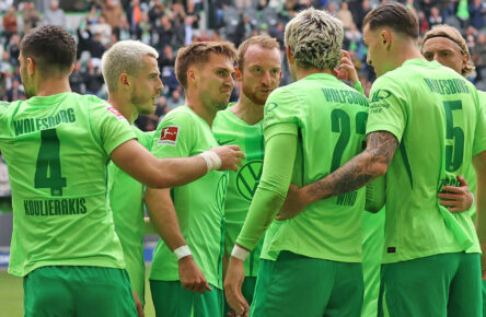 Die Spieler des VfL Wolfsburg jubeln im Spiel gegen Stuttgart