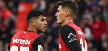 Fussball, 1.BL Saison 2024/2025 Bayer 04 Leverkusen vs 1. FC Heidenheim , Bayarena Leverkusen Exquiel Palacios, Patrik Schick beide Bayer 04 Leverkusen *** Soccer, 1 BL Season 2024 2025 Bayer 04 Leverkusen vs 1 FC Heidenheim , Bayarena Leverkusen Exquiel Palacios, Patrik Schick both Bayer 04 Leverkusen