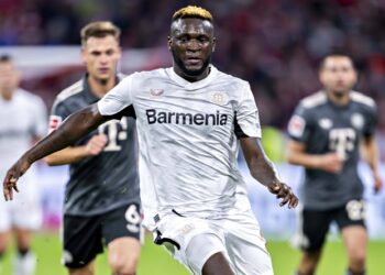 Victor Boniface (Bayer 04 Leverkusen) im Spiel gegen den FC Bayern München