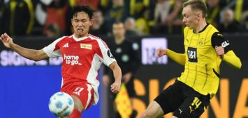 Woo-yeong Jeong Union Berlin und Maximilian Beier Borussia Dortmund im Zweikampf waehrend des Spiels der 1. Bundesliga zwischen Borussia Dortmund und 1. FC Union Berlin, SIGNAL IDUNA PARK am 22. February 2025 in Dortmund, Deutschland. Foto von Ralf Treese/DeFodi Images  Woo-yeong Jeong Union Berlin und Maximilian Beier Borussia Dortmund battle for the ball during the Bundesliga match between Borussia Dortmund and 1. FC Union Berlin at Signal Iduna Park on February 22, 2025 in Dortmund, Germany. Photo by Ralf Treese/DeFodi Images DFL regulations prohibit any use of photographs as image sequences and/or quasi-video. Photo by Ralf Treese/DeFodi Images *** Woo yeong Jeong Union Berlin and Maximilian Beier Borussia Dortmund battle for the ball during the Bundesliga match between Borussia Dortmund and 1 FC Union Berlin, SIGNAL IDUNA PARK on February 22, 2025 in Dortmund, Germany Photo by Ralf Treese DeFodi Images Woo yeong Jeong Union Berlin and Maximilian Beier Borussia Dortmund battle for the ball during the Bundesliga match between Borussia Dortmund and 1 FC Union Berlin at Signal Iduna Park on February 22, 2025 in Dortmund, Germany Photo by Ralf Treese DeFodi Images DFL regulations prohibit any use of photographs as image sequences and or quasi video Photo by Ralf Treese DeFodi Images