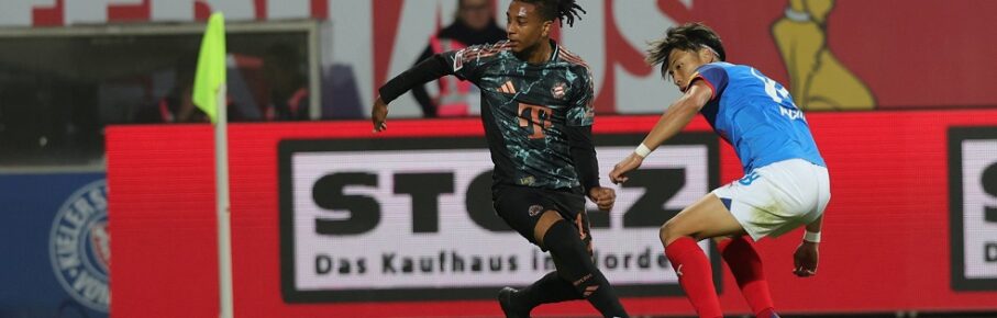 GER, Kiel, Fussball, DFB, Holstein Kiel vs FC Bayern Muenchen, im Holstein Stadion , 14.09.2024, v.l. Michael Olise FC Bayern Muenchen , Shuto Machino Holstein Kiel in aktion, in action DFL regulations prohibit any use of photographs as image sequences and/or quasi-video. *** GER, Kiel, Fußball, DFB, Holstein Kiel vs FC Bayern Muenchen, im Holstein Stadion , 14 09 2024, v l Michael Olise FC Bayern Muenchen , Shuto Machino Holstein Kiel in aktion, in action DFL regulations prohibit any use of photographs as image sequences and or quasi video Copyright: HMBxMedia/FernandoxSoares