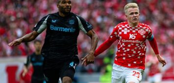 MAINZ, GERMANY - 17 MAY, 2025: Jonathan Tah, Jonathan Burkardt - The Bundesliga match 1.FSV Mainz 05 vs Bayer 04 Leverkusen at Mewa Arena. PUBLICATIONxNOTxINxRUS Copyright: xVitalixKliuievx