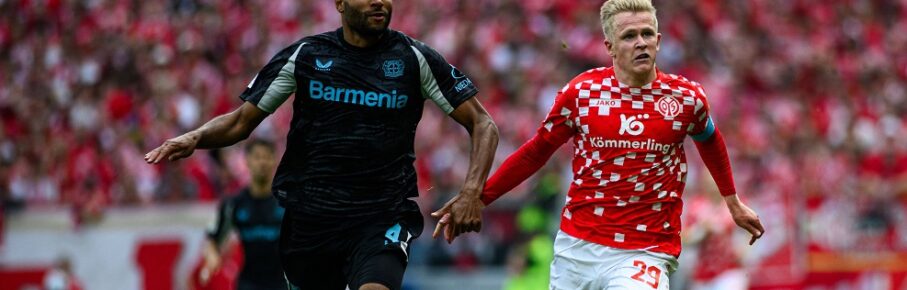 MAINZ, GERMANY - 17 MAY, 2025: Jonathan Tah, Jonathan Burkardt - The Bundesliga match 1.FSV Mainz 05 vs Bayer 04 Leverkusen at Mewa Arena. PUBLICATIONxNOTxINxRUS Copyright: xVitalixKliuievx