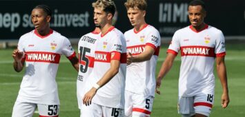05.09.24 VfB Stuttgart - 1. FC Kaiserslautern Deutschland, Stuttgart, 05.09.2024, Fussball, Bundesliga, Testspiel, VfB Stuttgart - 1. FC Kaiserslautern: v.l. Jairzinho Malanga, Pascal Stenzel, Atakan Karazor, Yanik Keitel, Jamie Leweling alle VfB Stuttgart Jubel Tor 1:0 Stenzel. *** 05 09 24 VfB Stuttgart 1 FC Kaiserslautern Germany, Stuttgart, 05 09 2024, Soccer, Bundesliga, Test match, VfB Stuttgart 1 FC Kaiserslautern f l Jairzinho Malanga, Pascal Stenzel, Atakan Karazor, Yanik Keitel, Jamie Leweling all VfB Stuttgart cheering goal 1 0 Stenzel