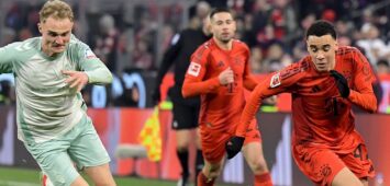 07.02.2025, xemx, Fussball 1.Bundesliga, FC Bayern Muenchen - Werder Bremen v.l. Amos Pieper Werder Bremen, Jamal Musiala FC Bayern Muenchen DFL/DFB REGULATIONS PROHIBIT ANY USE OF PHOTOGRAPHS as IMAGE SEQUENCES and/or QUASI-VIDEO Muenchen *** 07 02 2025, xemx, Soccer 1 Bundesliga, FC Bayern Muenchen Werder Bremen v l Amos Pieper Werder Bremen , Jamal Musiala FC Bayern Muenchen DFL DFB REGULATIONS PROHIBIT ANY USE OF PHOTOGRAPHS as IMAGE SEQUENCES and or QUASI VIDEO Muenchen