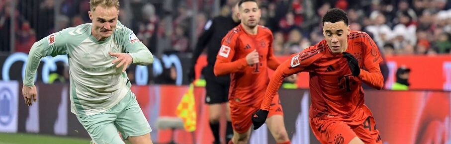 07.02.2025, xemx, Fussball 1.Bundesliga, FC Bayern Muenchen - Werder Bremen v.l. Amos Pieper Werder Bremen, Jamal Musiala FC Bayern Muenchen DFL/DFB REGULATIONS PROHIBIT ANY USE OF PHOTOGRAPHS as IMAGE SEQUENCES and/or QUASI-VIDEO Muenchen *** 07 02 2025, xemx, Soccer 1 Bundesliga, FC Bayern Muenchen Werder Bremen v l Amos Pieper Werder Bremen , Jamal Musiala FC Bayern Muenchen DFL DFB REGULATIONS PROHIBIT ANY USE OF PHOTOGRAPHS as IMAGE SEQUENCES and or QUASI VIDEO Muenchen