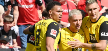 BVB Jubel 1:2, v.li., Felix Nmecha Borussia Dortmund, Julian Ryerson Borussia Dortmund, Niklas Süle Borussia Dortmund, Niklas Suele, Karim Adeyemi Borussia Dortmund Fussball, 11.05.2025, 1. Bundesliga, Saison 2024/2025, 33. Spieltag, Bayer 04 Leverkusen - Borussia Dortmund Leverkusen BayArena Nordrhein Westfalen Deutschland *** BVB cheer 1 2, from left , Felix Nmecha Borussia Dortmund , Julian Ryerson Borussia Dortmund , Niklas Süle Borussia Dortmund , Niklas Suele, Karim Adeyemi Borussia Dortmund Football, 11 05 2025, 1 Bundesliga, Season 2024 2025, 33 Matchday, Bayer 04 Leverkusen Borussia Dortmund Leverkusen BayArena Nordrhein Westfalen Germany Team2
