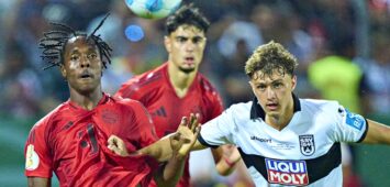 FC Bayern München: Mathys Tel und Leihspieler Maurice Krattenmacher (SSV Ulm) im Duell.