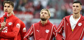 GER, 1.Bundesliga, RB Leipzig - VfB Stuttgart 17.05.2025, Leipzig, Red Bull Arena, GER, Saison 2024/ 2025, 1.Bundesliga, 34.Spieltag, RasenBallsport Leipzig vs VfB Stuttgart im Bild Willi Orban Leipzig haelt eine emotionale Rede an die Fans, rechts Kevin Kampl und Benjamin Sesko Leipzig DFL regulations prohibit any use of photographs as image sequences and/or quasi-video *** GER, 1 Bundesliga, RB Leipzig VfB Stuttgart 17 05 2025, Leipzig, Red Bull Arena, GER, Saison 2024 2025, 1 Bundesliga, 34 Spieltag, RasenBallsport Leipzig vs VfB Stuttgart im Bild Willi Orban Leipzig holds an emotional speech to the fans, on the right Kevin Kampl and Benjamin Sesko Leipzig DFL regulations prohibit any use of photographs as image sequences and or quasi video