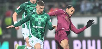 GER, 1. FBL, SV Werder Bremen vs FC Augsburg / 19.01.2025, wohninvest Weserstadion, Bremen, GER, 1. FBL, SV Werder Bremen vs FC Augsburg im Bild / picture shows Romano Schmid Werder Bremen 20 im Zweikampf gegen Alexis Claude-Maurice FC Augsburg 20 *** GER, 1 FBL, SV Werder Bremen vs FC Augsburg 19 01 2025, wohninvest Weserstadion, Bremen, GER, 1 FBL, SV Werder Bremen vs FC Augsburg in the picture picture shows Romano Schmid Werder Bremen 20 in a duel against Alexis Claude Maurice FC Augsburg 20 nordphotoxGmbHx/xKokenge nph00001