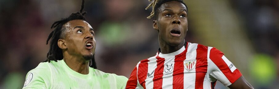 Sport Bilder des Tages FC Barcelona, Barca s French defender Jules Kounde L and Athletic Club s forward Nico Williams during the Spanish SuperCopa semi-final match between FC Barcelona and Athletic Bilbao in Jeddah, Saudi Arabia, 8 January 2025. FC Barcelona vs Athletic Bilbao ACHTUNG: NUR REDAKTIONELLE NUTZUNG PUBLICATIONxINxGERxSUIxAUTxONLY Copyright: xAlbertoxEstevezx GRAF5465 20250108-55015663251_1