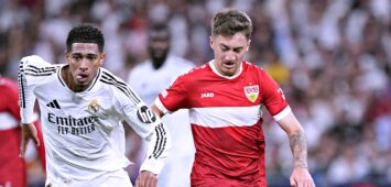 Angelo Stiller (rechts, VfB Stuttgart) im Duell mit Jude Bellingham (Real Madrid)