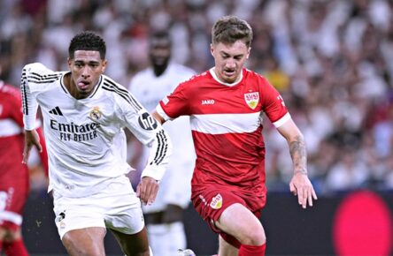Angelo Stiller (rechts, VfB Stuttgart) im Duell mit Jude Bellingham (Real Madrid)