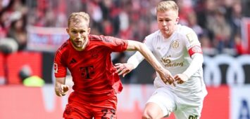 Konrad Laimer FC Bayern Muenchen und Jonathan Burkardt 1.FSV Mainz 05 im Zweikampf waehrend des Spiels der 1. Bundesliga zwischen FC Bayern München und 1. FSV Mainz 05, Allianz Arena am 26. April 2025 in München, Deutschland. Foto von Harry Langer/DeFodi Images  Konrad Laimer FC Bayern Muenchen und Jonathan Burkardt 1.FSV Mainz 05 battle for the ball during the Bundesliga match between FC Bayern München and 1. FSV Mainz 05 at Allianz Arena on April 26, 2025 in Munich, Germany. Photo by Harry Langer/DeFodi Images DFL regulations prohibit any use of photographs as image sequences and/or quasi-video. Photo by Harry Langer/DeFodi Images DFL regulations prohibit any use of photographs as image sequences and/or quasi-video. *** Konrad Laimer FC Bayern Muenchen and Jonathan Burkardt 1 FSV Mainz 05 in a duel during the Bundesliga match between FC Bayern München and 1 FSV Mainz 05, Allianz Arena on April 26, 2025 in Munich, Germany Photo by Harry Langer DeFodi Images Konrad Laimer FC Bayern Muenchen and Jonathan Burkardt 1 FSV Mainz 05 battle for the ball during the Bundesliga match between FC Bayern München and 1 FSV Mainz 05 at Allianz Arena on April 26, 2025 in Munich, Germany Photo by Harry Langer DeFodi Images DFL regulations prohibit any use of photographs as image sequences and or quasi video Photo by Harry Langer DeFodi Images DFL regulations prohibit any use of photographs as image sequences and or quasi video