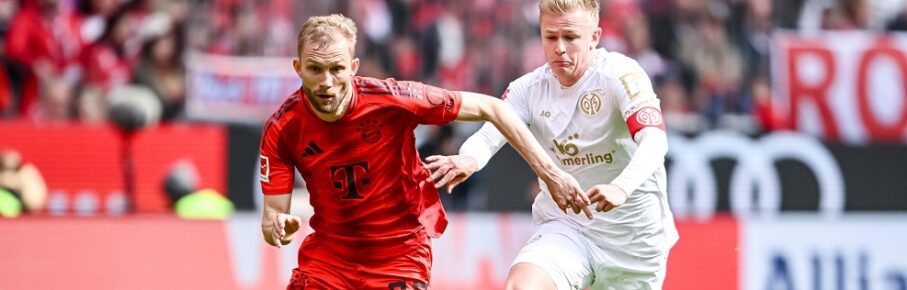 Konrad Laimer FC Bayern Muenchen und Jonathan Burkardt 1.FSV Mainz 05 im Zweikampf waehrend des Spiels der 1. Bundesliga zwischen FC Bayern München und 1. FSV Mainz 05, Allianz Arena am 26. April 2025 in München, Deutschland. Foto von Harry Langer/DeFodi Images  Konrad Laimer FC Bayern Muenchen und Jonathan Burkardt 1.FSV Mainz 05 battle for the ball during the Bundesliga match between FC Bayern München and 1. FSV Mainz 05 at Allianz Arena on April 26, 2025 in Munich, Germany. Photo by Harry Langer/DeFodi Images DFL regulations prohibit any use of photographs as image sequences and/or quasi-video. Photo by Harry Langer/DeFodi Images DFL regulations prohibit any use of photographs as image sequences and/or quasi-video. *** Konrad Laimer FC Bayern Muenchen and Jonathan Burkardt 1 FSV Mainz 05 in a duel during the Bundesliga match between FC Bayern München and 1 FSV Mainz 05, Allianz Arena on April 26, 2025 in Munich, Germany Photo by Harry Langer DeFodi Images Konrad Laimer FC Bayern Muenchen and Jonathan Burkardt 1 FSV Mainz 05 battle for the ball during the Bundesliga match between FC Bayern München and 1 FSV Mainz 05 at Allianz Arena on April 26, 2025 in Munich, Germany Photo by Harry Langer DeFodi Images DFL regulations prohibit any use of photographs as image sequences and or quasi video Photo by Harry Langer DeFodi Images DFL regulations prohibit any use of photographs as image sequences and or quasi video