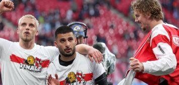 17.05.2025, xtgx, Fussball 1. Bundesliga, RB Leipzig - VfB Stuttgart emspor, v.l. Ermedin Demirovic Stuttgart, 9, Deniz Undav Stuttgart, 26, Nick Woltemade Stuttgart, 11 Jubel ueber den Sieg, Jubel nach Spielende DFL/DFB REGULATIONS PROHIBIT ANY USE OF PHOTOGRAPHS as IMAGE SEQUENCES and/or QUASI-VIDEO Leipzig *** 17 05 2025, xtgx, Fussball 1 Bundesliga, RB Leipzig VfB Stuttgart emspor, v l Ermedin Demirovic Stuttgart, 9 , Deniz Undav Stuttgart, 26 , Nick Woltemade Stuttgart, 11 Jubel über den Sieg, Jubel nach Spielende DFL DFB REGULATIONS PROHIBIT ANY USE OF PHOTOGRAPHS as IMAGE SEQUENCES and or QUASI VIDEO Leipzig