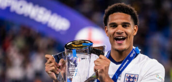 ENGLAND U21, U 21 - GERMANY U21 FINAL Jarell Quansah of England celebrates with a trophy after the UEFA European Under-21 Championship 2025 Final football match between England U21 and Germany U21. National Football Stadium Tehelene Pole, Bratislava, Slovakia, June 28, 2025. Photo by Branislav Racko Copyright: xx _BRR4316