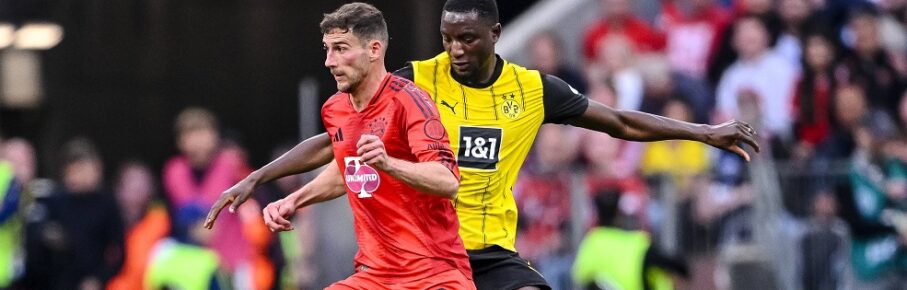 Leon Goretzka FC Bayern Muenchen und Serhou Guirassy BV Borussia Dortmund im Zweikampf waehrend des Spiels der 1. Bundesliga zwischen FC Bayern München und Borussia Dortmund, Allianz Arena am 12. April 2025 in München, Deutschland. Foto von Harry Langer/DeFodi Images  Leon Goretzka FC Bayern Muenchen und Serhou Guirassy BV Borussia Dortmund battle for the ball during the Bundesliga match between FC Bayern München and Borussia Dortmund at Allianz Arena on April 12, 2025 in Munich, Germany. Photo by Harry Langer/DeFodi Images DFL regulations prohibit any use of photographs as image sequences and/or quasi-video. Photo by Harry Langer/DeFodi Images DFL regulations prohibit any use of photographs as image sequences and/or quasi-video. *** Leon Goretzka FC Bayern Muenchen and Serhou Guirassy BV Borussia Dortmund in a duel during the Bundesliga 1 match between FC Bayern München and Borussia Dortmund, Allianz Arena on April 12, 2025 in Munich, Germany Photo by Harry Langer DeFodi Images Leon Goretzka FC Bayern Muenchen and Serhou Guirassy BV Borussia Dortmund battle for the ball during the Bundesliga match between FC Bayern München and Borussia Dortmund at Allianz Arena on April 12, 2025 in Munich, Germany Photo by Harry Langer DeFodi Images DFL regulations prohibit any use of photographs as image sequences and or quasi video Photo by Harry Langer DeFodi Images DFL regulations prohibit any use of photographs as image sequences and or quasi video