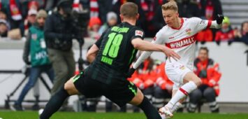 15.02.2025 Deutschland, Stuttgart Fußball Bundesliga, Saison 2024/2025, VfB Stuttgart vs. VfL Wolfsburg, v.l. Denis Vavro Wolfsburg / Chris Führich VfB Gemäß den Vorgaben der DFL Deutsche Fußball Liga ist es untersagt, in dem Stadion und/oder vom Spiel angefertigte Fotoaufnahmen in Form von Sequenzbildern und/oder videoähnlichen Fotostrecken zu verwerten bzw. verwerten zu lassen. *** 15 02 2025 Germany, Stuttgart Football Bundesliga, Season 2024 2025, VfB Stuttgart vs VfL Wolfsburg, v l Denis Vavro Wolfsburg Chris Führich VfB In accordance with the regulations of the DFL German Football League, it is prohibited to exploit or have exploited photographs taken in the stadium and or of the match in the form of sequential images and or video-like photo series