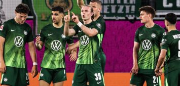 v.l. Jonas Wind VfL Wolfsburg,23, Konstantinos Koulierakis VfL Wolfsburg,4, Patrick Wimmer VfL Wolfsburg,39, Denis Vavro VfL Wolfsburg,18, Joakim Maehle VfL Wolfsburg,21, Mohamed Amoura VfL Wolfsburg,9 - 1. Fussball Bundesliga Saison 2024-2025 Punktspiel VfL Wolfsburg vs. TSG Hoffenheim in der Volkswagen Arena in Wolfsburg - Aktion,Fussball,Deutschland,Mann,Männer,09.05.2025 *** v l Jonas Wind VfL Wolfsburg,23 , Konstantinos Koulierakis VfL Wolfsburg,4 , Patrick Wimmer VfL Wolfsburg,39 , Denis Vavro VfL Wolfsburg,18 , Joakim Maehle VfL Wolfsburg,21 , Mohamed Amoura VfL Wolfsburg,9 1 Soccer Bundesliga Season 2024 2025 Point Match VfL Wolfsburg vs TSG Hoffenheim at the Volkswagen Arena in Wolfsburg Action,Soccer,Germany,Man,Men,09 05 2025