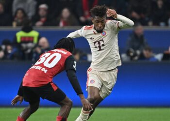 Kingsley Coman vom FC Bayern im Spiel gegen Bayer Leverkusen