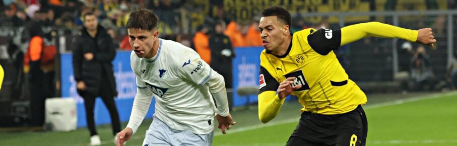 Diese Stars sind zu teuer: Adam Hlozek (TSG Hoffenheim) und Felix Nmecha (Borussia Dortmund) im Duell