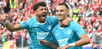 Umut Tohumcu von der TSG Hoffenheim jubelt mit Fisnik Asllani