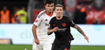 Alejandro Grimaldo  Bayer 04 Leverkusen  setzt sich gegen Can Uzun  Eintracht Frankfurt  durch. GER, Bayer 04 Leverkusen vs Eintracht Frankfurt, Fussball, Bundesliga, 3. Spieltag, Spielzeit 2025/2026, 12.09.2025 DFL REGULATIONS PROHIBIT ANY USE OF PHOTOGRAPHS AS IMAGE SEQUENCES AND/OR QUASI-VIDEO GER, Bayer 04 Leverkusen vs Eintracht Frankfurt, Fussball, Bundesliga, 3. Spieltag, Spielzeit 2025/2026, 12.09.2025 Leverkusen *** Alejandro Grimaldo Bayer 04 Leverkusen prevails against Can Uzun Eintracht Frankfurt GER, Bayer 04 Leverkusen vs Eintracht Frankfurt, Football, Bundesliga, Matchday 3, Season 2025 2026, 12 09 2025 DFL REGULATES PROHIBIT ANY USE OF PHOTOGRAPHS AS IMAGE SEQUENCES AND OR QUASI VIDEO GER, Bayer 04 Leverkusen vs Eintracht Frankfurt, Football, Bundesliga, Matchday 3, Season 2025 2026, 12 09 2025 Leverkusen Copyright: xEibner-Pressefoto/ThomasxThienelx EP_TTL