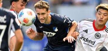 Sinsheim, Pre-Zero-Arena, 30.08.25, GER, Herren, 1.Bundesliga, Saison 2025-2026, TSG 1899 Hoffenheim - Eintracht Frankfurt Bild: v.li. im Zweikampf ARTHUR CHAVES Hoffenheim und Ritsu DOAN Frankfurt DFL regulations prohibit any use of photographs as image sequences and/or quasi-video. Baden-Wuerttemberg Deutschland *** Sinsheim, Pre Zero Arena, 30 08 25, GER, Herren, 1 Bundesliga, Saison 2025 2026, TSG 1899 Hoffenheim Eintracht Frankfurt Bild v li im Zweikampf ARTHUR CHAVES Hoffenheim und Ritsu DOAN Frankfurt DFL regulations prohibit any use of photographs as image sequences and or quasi video Baden Wuerttemberg Germany