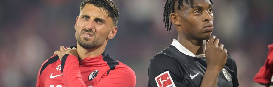 v.l. Vincenzo Grifo SC Freiburg, Junior Adamu SC Freiburg enttaeuscht nach dem Spiel. Fussball 1. Bundesliga, 2.Spieltag, 1. FC Koeln - SC Freiburg 4:1, am 31.08.2025 in Koeln/ Deutschland. DFL regulations prohibit any use of photographs as image sequences and/or quasi-video Â *** v l Vincenzo Grifo SC Freiburg , Junior Adamu SC Freiburg disappointed after the match Football 1 Bundesliga, 2 Matchday, 1 FC Koeln SC Freiburg 4 1, am 31 08 2025 in Koeln Germany DFL regulations prohibit any use of photographs as image sequences and or quasi video Â