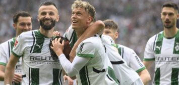 Jubel MG um Fabio CHIARODIA MG nach seinem Tor zum 1:0, v.l. Franck HONORAT MG, Fabio CHIARODIA MG, Robin HACK MG, Tim KLEINDIENST MG Fussball 1. Bundesliga, 32. Spieltag, Borussia Moenchengladbach MG - TSG 1899 Hoffenheim 1899 am 03.05.2025 in Moenchengladbach/ Deutschland. DFL regulations prohibit any use of photographs as image sequences and/or quasi-video Â *** Cheering MG around Fabio CHIARODIA MG after his goal to 1 0, f l Franck HONORAT MG , Fabio CHIARODIA MG , Robin HACK MG , Tim KLEINDIENST MG Football 1 Bundesliga, 32 Matchday, Borussia Moenchengladbach MG TSG 1899 Hoffenheim 1899 on 03 05 2025 in Moenchengladbach Germany DFL regulations prohibit any use of photographs as image sequences and or quasi video Â