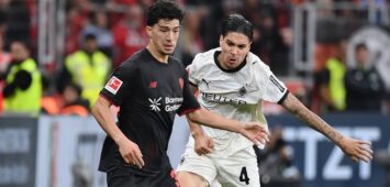 Ibrahim Maza Bayer 04 Leverkusen, Kevin Diks Borussia Moenchengladbach, v.li. 21.09.2025, Fussball 1. Bundesliga, Saison 2025/2026, 4. Spieltag, Bayer 04 Leverkusen - Borussia Mönchengladbach 1:1 DFL regulations prohibit any use of photographs as image sequences and/or quasi-video Leverkusen BayArena Nordrhein Westfalen Deutschland *** Ibrahim Maza Bayer 04 Leverkusen , Kevin Diks Borussia Moenchengladbach , v li 21 09 2025, Fußball 1 Bundesliga, Saison 2025 2026, 4 Spieltag, Bayer 04 Leverkusen Borussia Mönchengladbach 1 1 DFL regulations prohibit any use of photographs as image sequences and or quasi video Leverkusen BayArena Nordrhein Westfalen Germany Team2