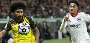 v.l. Zweikampf zwischen: Karim Adeyemi Borussia Dortmund, 27 und Nathaniel Brown Eintracht Frankfurt, 21, 28.10.2025, Fussball, DFB-Pokal, Eintracht Frankfurt - Borussia Dortmund, GER, Frankfurt am Main, Deutsche Bank Park, DFB REGULATIONS PROHIBIT ANY USE OF PHOTOGRAPHS AS IMAGE SEQUENCES AND/OR QUASI-VIDEO. *** v l duel between Karim Adeyemi Borussia Dortmund, 27 and Nathaniel Brown Eintracht Frankfurt, 21 , 28 10 2025, Football, DFB Pokal, Eintracht Frankfurt Borussia Dortmund, GER, Frankfurt am Main, Deutsche Bank Park, DFB REGULATIONS PROHIBIT ANY USE OF PHOTOGRAPHS AS IMAGE SEQUENCES AND OR QUASI VIDEO Copyright: HMBxMedia/xHeikoxBecker