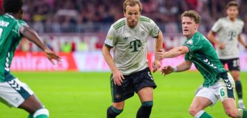 Harry Kane 9, FC Bayern München und Jens Stage 6, SV Werder Bremen beim Spiel zwischen FC Bayern München v SV Werder Bremen, Fußball, Herren, Bundesliga, 2025/2026, 5.Spieltag am 26.09.2025 in München, Allianz-Arena. DFL and DFB regulations prohibit any use of photographs as image sequences and/or quasi-video. Bayern Deutschland *** Harry Kane 9, FC Bayern Munich and Jens Stage 6, SV Werder Bremen at the match between FC Bayern Munich v SV Werder Bremen, Football, Men, Bundesliga, 2025 2026, Matchday 5 on 26 09 2025 in Munich, Allianz Arena DFL and DFB regulations prohibit any use of photographs as image sequences and or quasi video Bayern Germany