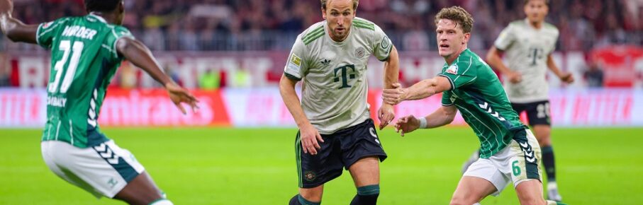 Harry Kane 9, FC Bayern München und Jens Stage 6, SV Werder Bremen beim Spiel zwischen FC Bayern München v SV Werder Bremen, Fußball, Herren, Bundesliga, 2025/2026, 5.Spieltag am 26.09.2025 in München, Allianz-Arena. DFL and DFB regulations prohibit any use of photographs as image sequences and/or quasi-video. Bayern Deutschland *** Harry Kane 9, FC Bayern Munich and Jens Stage 6, SV Werder Bremen at the match between FC Bayern Munich v SV Werder Bremen, Football, Men, Bundesliga, 2025 2026, Matchday 5 on 26 09 2025 in Munich, Allianz Arena DFL and DFB regulations prohibit any use of photographs as image sequences and or quasi video Bayern Germany