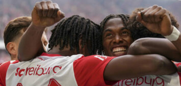 Junior Adamu SC Freiburg, 20, Derry Scherhant SC Freiburg, 07 Torjubel, Emotionen, Torschuss, Abschluss, Torerfolg, Tor, Treffer , Deutschland, Fussball, 1. Bundesliga, 7.Spieltag, 2025/2026, SC Freiburg vs. Eintracht Frankfurt, 19.10.2025, Europa-Park Stadion, Freiburg, Deutschland DFL REGULATIONS PROHIBIT ANY USE OF PHOTOGRAPHS AS IMAGE SEQUENCES AND/OR QUASI-VIDEO. Freiburg Europa-Park Stadion Baden-Württemberg Deutschland *** Junior Adamu SC Freiburg, 20 , Derry Scherhant SC Freiburg, 07 Goal celebration, Emotions, Goal shot, Goal, Goal, Goal, Germany, Football, 1 Bundesliga, 7 Matchday, 2025 2026, SC Freiburg vs Eintracht Frankfurt, 19 10 2025, Europa Park Stadion, Freiburg, Germany DFL REGULATIONS PROHIBIT ANY USE OF PHOTOGRAPHS AS IMAGE SEQUENCES AND OR QUASI VIDEO Freiburg Europa Park Stadion Baden Württemberg Germany Copyright: xArnexAmbergx