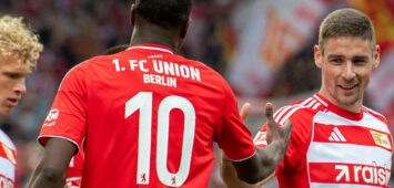 Fußball, Herren, Saison 2025/2026, 1. Bundesliga 1. Spieltag, 1. FC Union Berlin - VfB Stuttgart, v. l. Leopold Querfeld 1. FC Union Berlin, Ilyas Ansah 1. FC Union Berlin, Andrej Ilic 1. FC Union Berlin, Tom Rothe 1. FC Union Berlin, Jubel nach Tor zum 1:0, 23.08.2025, *** Soccer, Men, Season 2025 2026, 1 Bundesliga 1 Matchday , 1 FC Union Berlin VfB Stuttgart, f l Leopold Querfeld 1 FC Union Berlin , Ilyas Ansah 1 FC Union Berlin , Andrej Ilic 1 FC Union Berlin , Tom Rothe 1 FC Union Berlin , Cheering after goal to 1 0, 23 08 2025, Copyright: xSebastianxRäppold/MatthiasxKochx