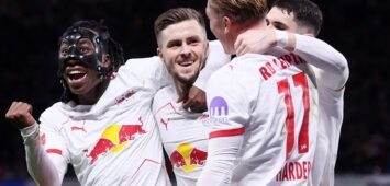 RB Leipzig - Frankfurt / Bundesliga Leipzig, 06.12.2025, Red Bull Arena, Fußball, 1.Bundesliga, 13.Spieltag , RB Leipzig vs. Eintracht Frankfurt 6:0 2:0 , Im Bild: Tor für RB Leipzig. Christoph Baumgartner 14, RB Leipzig trifft zum 2:0 und jubelt mit Yan Diomande 49, RB Leipzig, Kosta Nedeljkovic 19, RB Leipzig, Conrad Harder  11, RBL. , Nur zur redaktionellen Nutzung. Only editorial use. , DFL / DFB regulations prohibit any use of photographs as image sequences and/or quasi-video. , *** RB Leipzig Frankfurt Bundesliga Leipzig, 06 12 2025, Red Bull Arena, Soccer, 1 Bundesliga, 13 Matchday , RB Leipzig vs Eintracht Frankfurt 6 0 2 0 , In the picture Goal for RB Leipzig Christoph Baumgartner 14, RB Leipzig scores 2 0 and cheers with Yan Diomande 49, RB Leipzig , Kosta Nedeljkovic 19, RB Leipzig , Conrad Harder 11, RBL , For editorial use only Only editorial use , DFL DFB regulations prohibit any use of photographs as image sequences and or quasi video ,