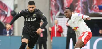 Deniz Undav vom VfB Stuttgart und Yan Diomande von RB Leipzig