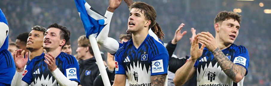 Luka Vuskovic feiert nach dem Derbysieg mit der HSV-Eckfahne als Flagge in der Hand.